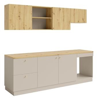 Vente-unique-Cocina Completa - con encimera 242 cm - Beige y Natural Claro - YORINA