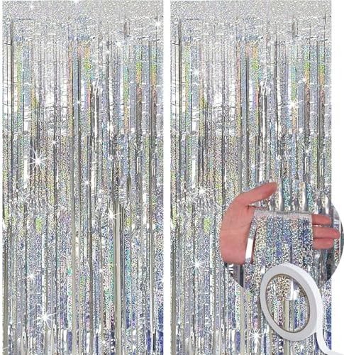 Lametta Vorhang Silber 2er-Set, XINOUKJ Glitzer-Folienvorhang 1x2,5 m für Fotowand Hintergrund, Junggesellinnenabschied, 18. Geburtstag & Silvester Deko mit Klebeband
