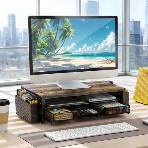 Piashow Organiseur de bureau, support de moniteur avec tiroir et 2 porte-stylos, rehausseur de moniteur pour écran et ordinateur portable, organisateur de bureau pour accessoires de bureau