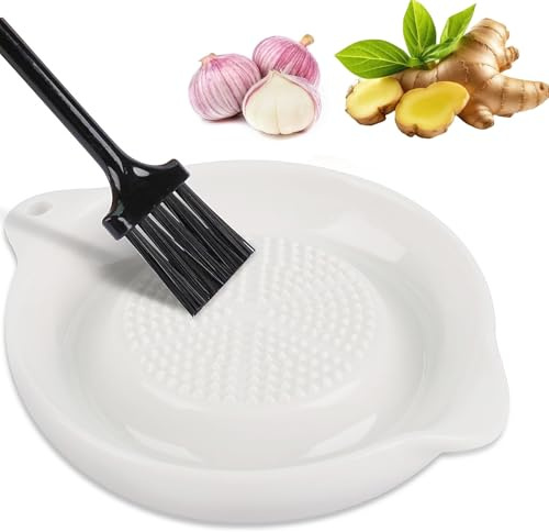 Ceramic Garlic Grater Plate with Brush, Ginger Garlic Grater Dish, Mini Porcelain Grater Plate for Garlic, Ginger, Onion, Spices, Easy Clean Dishwasher Safe Kitchen Grater Tool