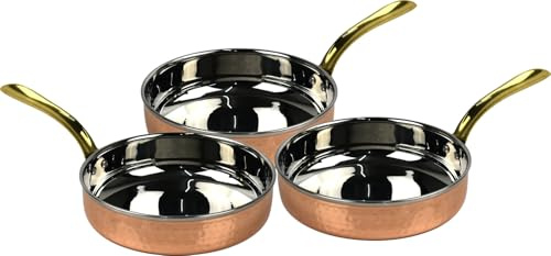 LAVV HOUSEWARES LTD 3pcs Hammered Copper & Stainless Steel Small Frying Pan with Brass Handle (3X 16cm (530ml))