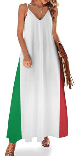 KETAFOUND Vestito Lungo Donna Estivo Bandiera Italiana Vestito da Spiaggia Senza Maniche Patriottismo Abito Maxi con Collo a V per Le Vacanze e la Spiaggia