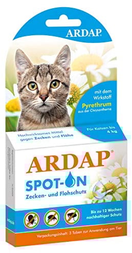 ARDAP Spot On für Katzen bis 4kg - Natürlicher Wirkstoff - Zeckenmittel für Katzen, Flohmittel Katzen, Zeckenschutz Katze - 3 Tuben je 0,4ml - Bis zu 12 Wochen nachhaltiger Langzeitschutz (PT19)