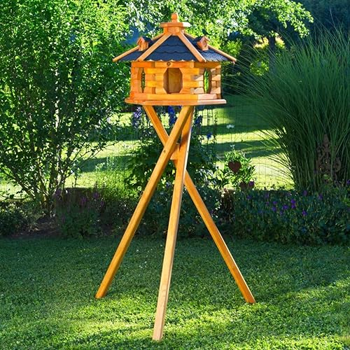 Deko-Shop-Hannusch Vogelhaus wahlweise mit Ständer und Solarbeleuchtung, Verschiedene Größen L - XXL und Dachfarben möglich, Futterhaus mit Futtersilo und wetterfestem Bitumendach, Holz, V16