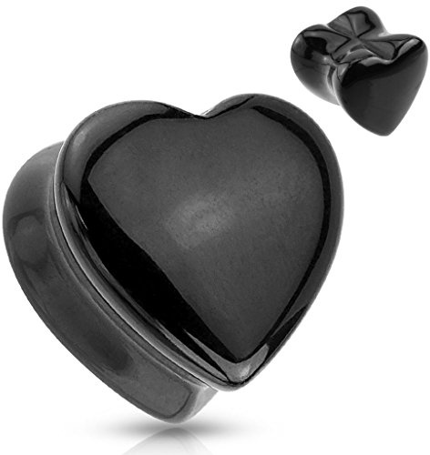 BlackAmazement Quarz Flesh Tunnel Plug Piercing Herz Heart schwarz rosa Stein Herren Damen (Farbe Schwarz - Ø 14 mm)
