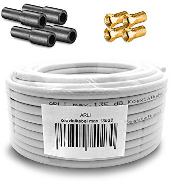 ARLI 15m Koaxialkabel – max. 135 dB 5-fach geschirmt UV-beständig + 4x vergoldete F-Stecker & 4x Gummitüllen für DVB-S DVB-T2 4K HDTV