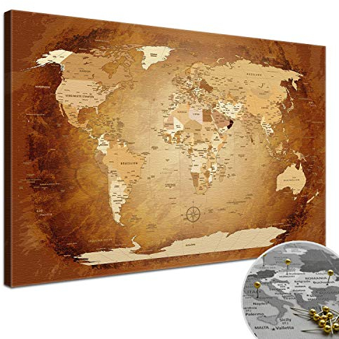 Stilvolle Pinnwand Weltkarte - Braun Colorful - Deutsch in 100 x 70 cm, stabile Rückwand zum Pinnen inkl. Starterkit - Leinwand-Kunstdruck Wandbild Landkarte XXL