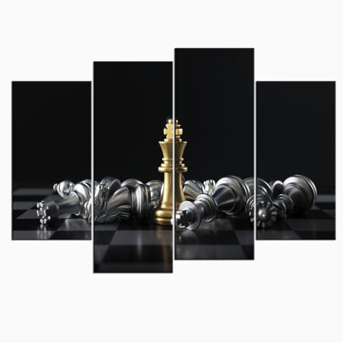 sechars 4-teiliges Leinwandbild Chess King Gewinnt Game Poster Moderne Büro Wand Dekorationen Klassenzimmer Study Room Decor Art gedehnt Gallery Leinwand Wrap Giclée Kunstwerk fertig zum Aufhängen
