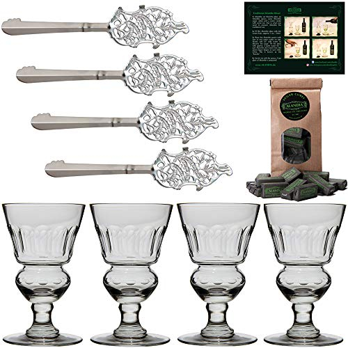 4x Verres à Absinthe Pontarlier | Avec réservoir | 4x Absinthe Cuillère Feuilles | Acier inoxydable | 1x Sachet de Sucre