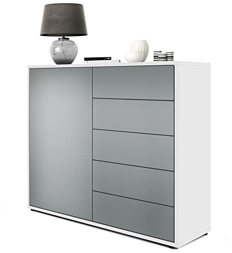 Vladon Sideboard Ben V2, Made in Germany, Kommode mit 1 Tür und 5 Schubladen, Weiß matt/Graphit Seidenmatt (79 x 74 x 36 cm)
