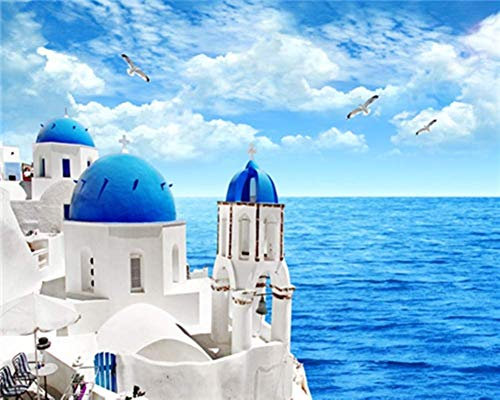 WOWDECOR Peinture Numéro Adulte Enfant, Grèce Maison bleue et blanche La mer DIY Peinture par numero, Paint by Numbers