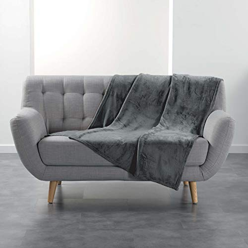 Douceur d'Intérieur, Plaid Doux (125 x 150 cm) Flanou Gris, Flanelle Unie