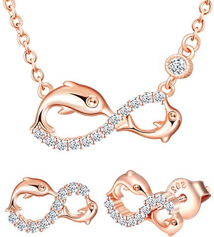 Yumilok - Parure di gioielli da donna con delfino, infinito, con zirconi, ciondolo e orecchini da donna in argento Sterling 925 e Argento, colore: oro rosa, cod. Y40-102-rose gold