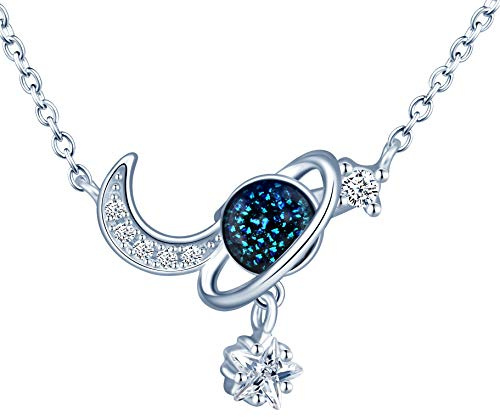 MICSAVI Planet Mond Stern Kette Damen 925 Sterling Silber, Blau Stein mit Zirkonia Astronomisch Serie Halskette mit Kette 40 + 4 CM für Frauen & Mädchen