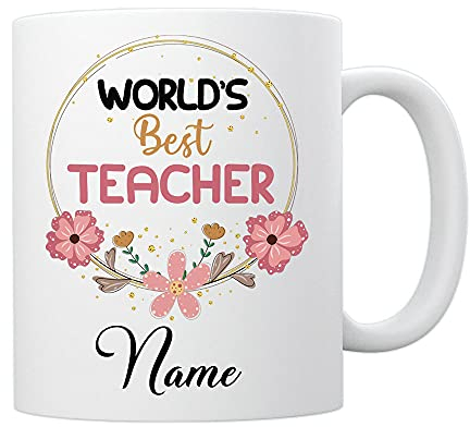 EnvyFone World's Best Teacher - Personalised Mug - Birthday Gift - Add Name/Relation - Flowers/Pink Floral Design - Ladies - Girls - Novelty Tea Coffee Cup