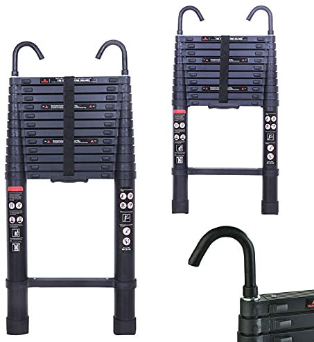 Extension Folding Ladder, 6.2M Telescopic Ladder Aluminum with 2 Hooks, EN131 Standard 330lbs Load Capacity Compact Folded Size, Multi-Purpose Home DIY Office Ladder, Black