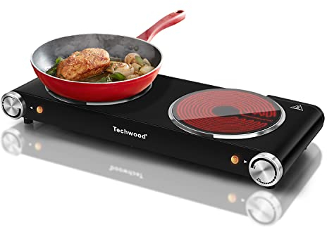 Hot Plate, Techwood 1800W Dual Electric Stove, Countertop Stove Double Burner for Cooking, Infrared Ceramic Hot Plates Double Cooktop, Brushed Stainless Steel Easy to Clean Upgraded Version, Black