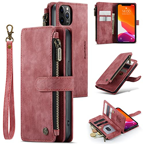 UEEBAI Wallet Case for iPhone 12/iPhone 12 Pro 6.1 inch, Premium Handmade PU Leather Phone Case Card Slots Magnetic Closure Zipper Pocket Kickstand Flip Case with Hand Strap - Vintage Red