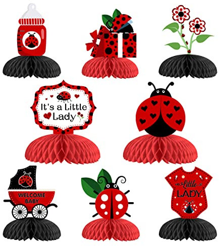 Fangleland 8PCS Ladybug Party Honeycomb Centerpieces, Ladybug Baby Shower Decorations - Red and Black Summer Bugs 3D Table Topper for Little Girl’s Ladybird Themed Birthday Party Supplies