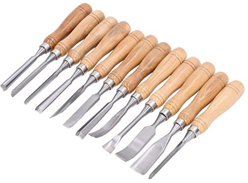 Juego de Cinceles para Tallar, 12 Piezas Herramientas para Tallar Madera Hoja de Acero Al Cromo Vanadio Juego de Cinceles de Grabado con Mango de Madera para Manualidades de Bricolaje, Cinceles de Mad