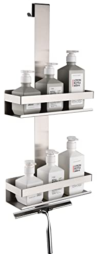 HomeHeng Duschregal zum Hängen,2-Store Duschablage zum Hängen Gebürstetes Nickel, SUS304 Edelstahl Doppelt Duschkorb mit Haken für Glas-Duschabtrennung, H30BN-2DH