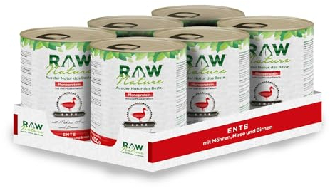 RAW Nature - Ente Pur 6x800g - Mit Hirse und Birne - Nassfutter für Hunde - Hoher Fleischanteil - Monoprotein - Alleinfuttermittel - Getreidefreies Hundefutter (6er Pack)