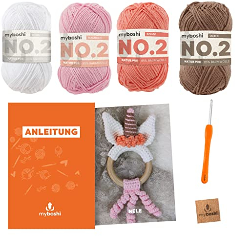 myboshi Häkelset Greifling Nele, inkl. No.2 Wolle, Nadel und Anleitung, original Label, Häkelpaket, 85% Baumwolle, 15% Kapok Rosa, mit Häkelnadel