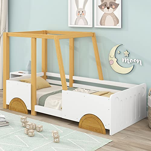 90x200cm Autobett, Jeep-Bett, Kinderbett mit MDF-Rädern,Hausbett mit Lattenrost, Rahmen aus Kiefer, Weiß + Natur
