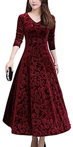 CHICTRY Women's Elegant Velvet Long Sleeve Jacquard Maxi Swing Dress Winter Party Long Dresses Burgundy 2XL