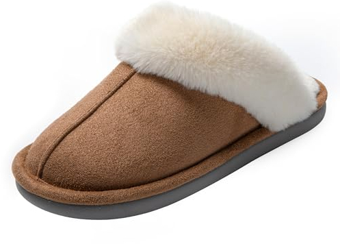 JOMIX Zapatillas de Casa Mujer de Invierno Forradas Antideslizantes Pantuflas de Peluche con Punta Cerrada Ligeras y Silenciosas Suela de Goma Efecto Ante Terciopelo Cómodas Calentitas X005 Camello 41