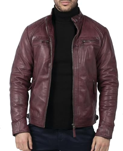 TruClothing Men's Biker Jacket Outwear Windproof Winter Motorcycle Rider Real Leather Jackets Coat Retro - Wine M