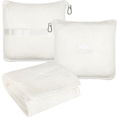 BlueHills Premium weiche Plüsch-Reisedecke, Kissen für Flugzeugreisen, Essentials in Einer Tasche, Flugdecke mit Rucksack-Clip, kompakt, tragbar, Flugzeugzubehör, Elfenbeinweiß – T025