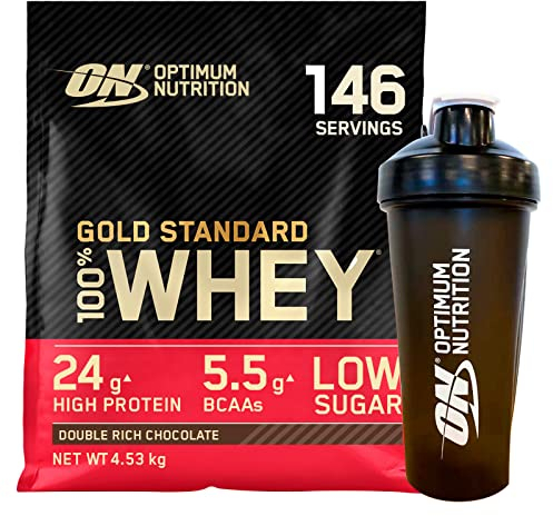 Optimum Nutrition Gold Standard 100% Whey Proteine Isolate in Polvere con Aminoacidi per Sviluppo e Recupero Muscolare Gusto Doppio Cioccolato 146 Porzioni 4,53Kg + Shaker