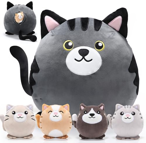 Namalu 5 Stück Plüschtiere Mama Katze und 4 Baby Kätzchen 30 cm Große Kuscheltier Katze mit Babys im Bauch Süße Schwarzes und Graues Katze Kuschelkissen Geburtstag Valentinstag Rückkehr Geschenke