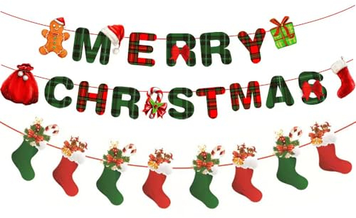 TUEPULL Frohe Weihnachten-Banner: Sockenförmige Weihnachtsfeier hängende dekorative Banner Frohe Weihnachten Wimpelkette Schild – Feiertage, Party-Dekoration für Weihnachten, Party, Zuhause, hängende