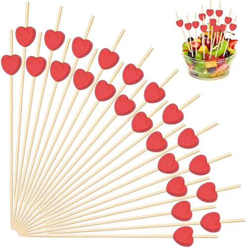 SRIZIAN 100 Piezas Palillos para Cócteles Corazón 4.7inch Brochetas Cocktail Palillos de Cóctel de Bambú para Comida Fruta Snack Aperitivos Fiesta Decoración de San Valentín-Rojo