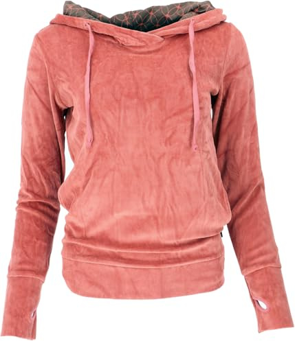 GURU SHOP Nicki-Kapuzenpullover, weicher Hoodie, Boho Samt Sweatshirt | Weicher Samtpulli, locker fallend, breiter Saum, Daumenlöcher, Kapuze mit Baumwollfutter, seitliche Taschen