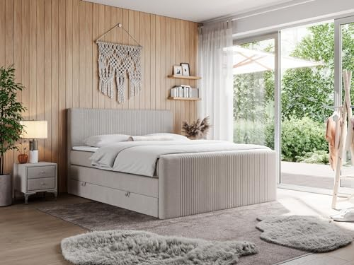 MKS MEBLE Boxspringbett Doren King 140x200 cm, Polsterbett mit Kopfteil und Bettkasten, Bett mit Multipocket-Matratze H3, Boxspringbett mit Topper T25 - Beige Struktur