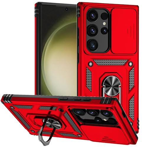 Hitaoyou for Samsung Galaxy S24 Ultra Case with Camera Cover & Kickstand, Military Grade Shockproof Heavy Duty Protective Magnetic Case - Red