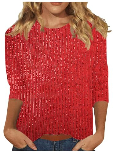 AMhomely Ladies Long Sleeve Tops Sparkly Tops For Women UK 3/4 Sleeve Casual Tunic Tops Office Shirts Work Basic Pullover Tops Funny Print Tee Shirts Blouse Sportswear Tee Shirts Clearance Red XL