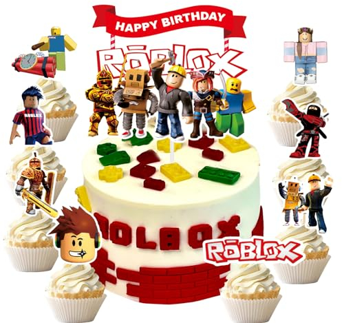 9pcs Game Cake Toppers Cake Decorations, 1 Large Happy Birthday Topper 8 Small for Sandbox Game Cupcake Toppers Happy Birthday Cake Decorations for Sandbox Kids (Red)