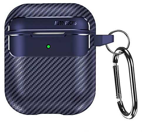 MINUUISCT Funda para Airpods 1 y 2, estilo fibra de carbono, funda de cuero vegano, funda protectora para auriculares con llavero, a prueba de golpes, piel protectora antiarañazos para Airpods 1 y 2,