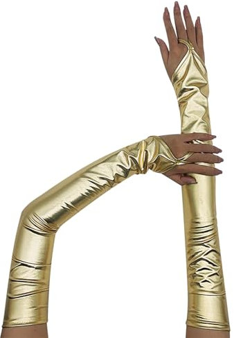 ranrann Damen Glänzende Fingerlos Lange Handschuhe Armstulpen mit Schlaufe Ellenbogen Handschuhe Kostüm Zubehör für Fasching Karneval Performance Bühne Gold A One_Size
