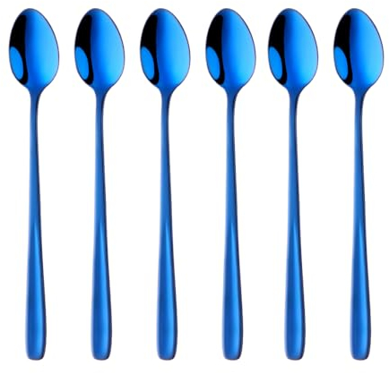 SBOMHS Cucharas para latte macchiato 18/10 de acero inoxidable, de mango largo, para café y capuchino, cucharas de postre, 20 cm, para Nutella, café con leche, 6 cucharas grandes de yogur (azul)