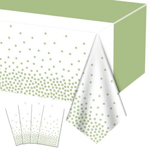 4 manteles verde salvia - Manteles rectangulares con lunares verdes de 220 cm x 130 cm para fiestas de cumpleaños neutras en cuanto al género y decoraciones para baby showers en color verde salvia.