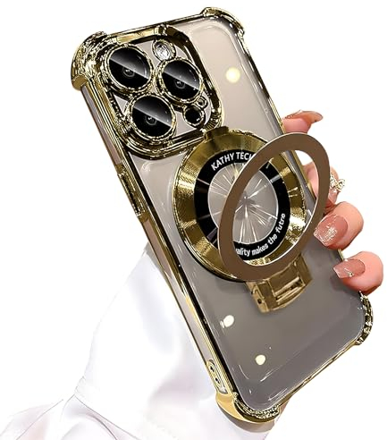 Emlivi iPhone 15 Pro Max Klar Hülle Kompatibel mit Mag-Safe,Galvanisierte Magnetisch Handyhülle Ring Ständer,Transparent Kameraschutz TPU Case Cover,Vier Ecken Anti-Fall Schutzhülle,Golden