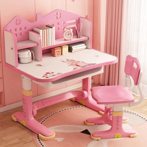 Set di scrivania e sedia per bambini, rosa con altezza regolabile, cassetti e contenitori, motivo cartone animato, tavoli e sedie per bambini e ragazze (rosa)