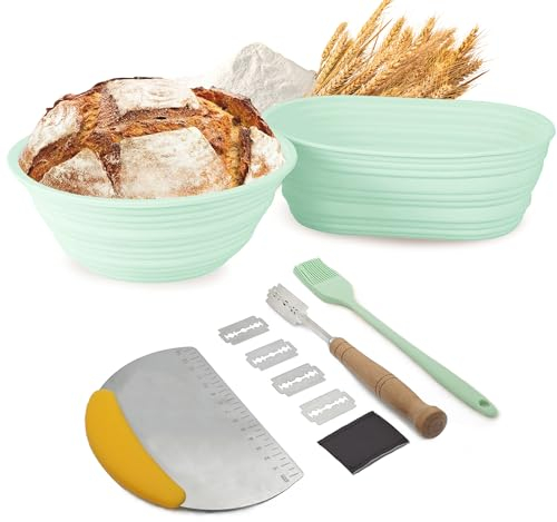 Silicone Banneton Proofing Basket, 9 Inch Round & 10 Inch Oval Foldable Sourdough Proving Basket, Bread Proofing Basket with Bread Lame, Silicone Basting Brush, Bread Scraper for Bakers (Green)