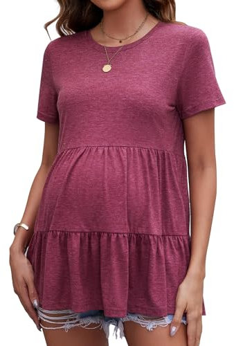 Brynmama Top de Maternité d'Été à Manches Courtes T-Shirt de Grossesse Flottant avec Volants pour Femmes Enceintes Idéal pour Le Travail Rouge Foncé, M