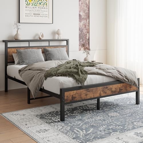 JELUTE Double Bed Frame with Wooden Storage Shelf Headboard, Metal Platform Bed Frame, No Box Spring Needed, Noise Free, Reinforced Strong Support Leg, Black